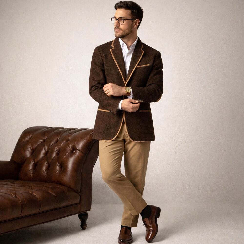ETRO Wool Tweed Sport Coat Blazer Leather Piping Trim Brown Sz 52 $2,200 {233}